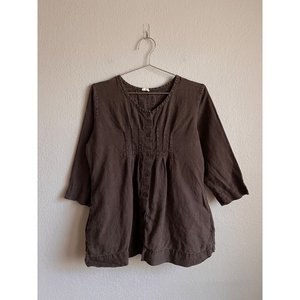Eileen Fisher Linen Button Down Peasant Top in Espresso Size SMALL
